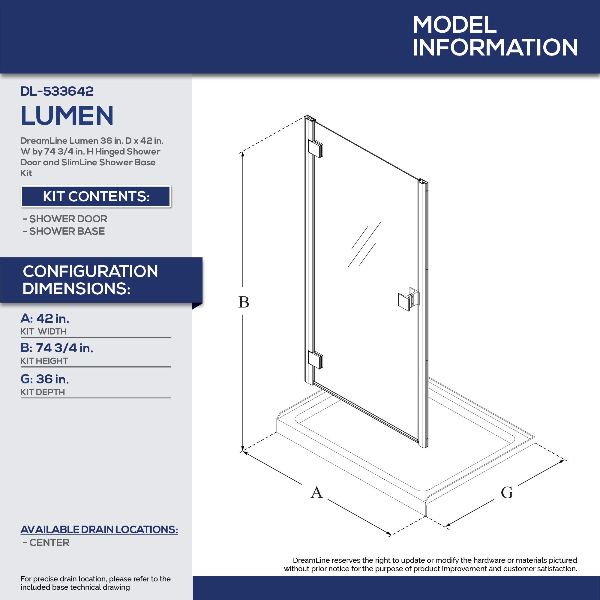 DreamLine Lumen 36 in. D x 42 in. W by 74 3/4 in. H Hinged Shower